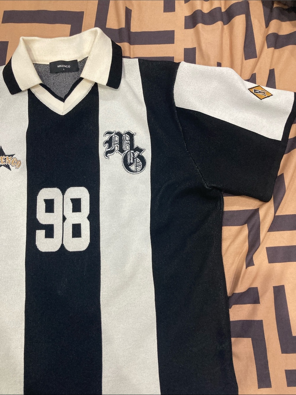 Miken Black & White Striped Polo Jersey with '98 Graphic